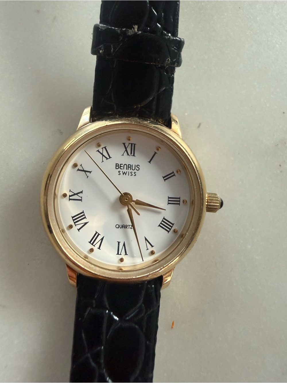 VINTAGE ANTIQUE 1980s BENRUS WATCH Alligator Calf BAND Needs Battery